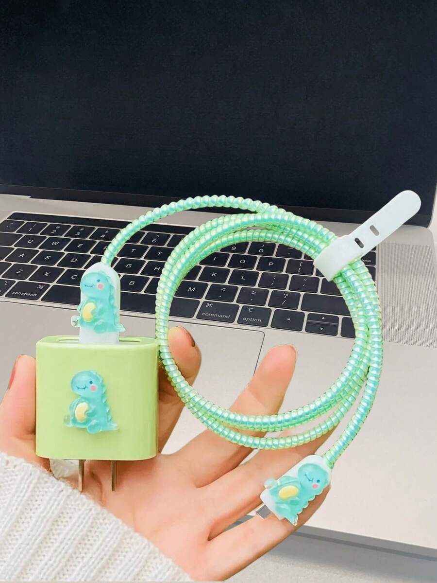 5 件趣味卡通恐龙充电器保护套，兼容 Apple 14 Pro Max 手机线、防断裂充电线盖、20W 快速充电器保护壳、电缆整理器线保护器 - 彩色 - 查看 1