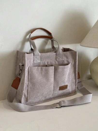 条纹灯芯绒可折叠大容量单肩手提包，适合读书周的学院风书包