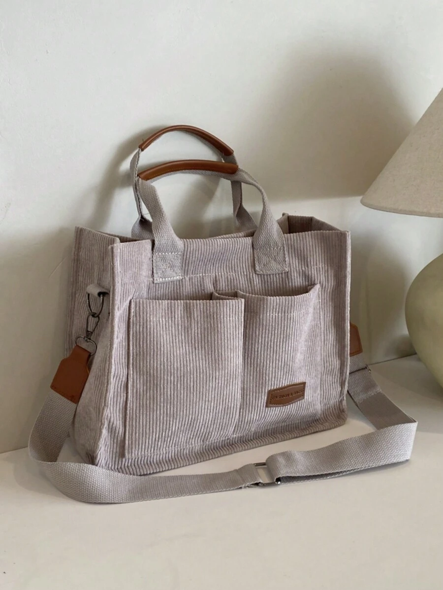Túi Tote Đeo Vai Có Thể Gấp Gọn Bằng Vải Nhung Kẻ Sọc Có Sức Chứa Lớn, Túi Sách Chuẩn Bị Cho Tuần Lễ Sách - Xám - Xem 1