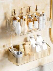 1pc Bathroom Rectangular No Drilling Wall Mount Storage Rack With Clear Corrugated Shelf, Improving Space Utilization In Corners - Transparent-square style - View 8