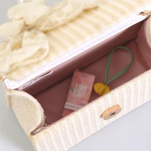 編織斜背包,攜帶方便,假珍珠&珠繡蝴蝶結手提袋,理想禮物選擇 - 米色 - 查看 6