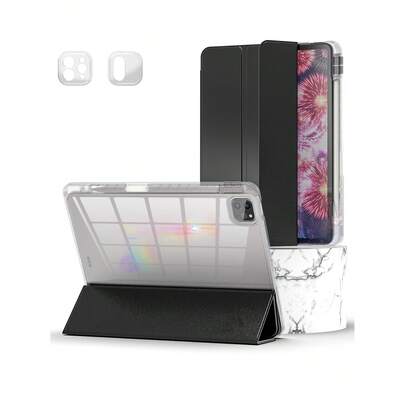 Ốp bảo vệ máy tính bảng gấp 3 lần chống sốc, tương thích với iPad, có khe cắm bút và giá đỡ bút bằng acrylic trong suốt cao cấp - Màu đen
