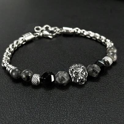 1件时尚不锈钢嘻哈复古狮头天然石珠手链，适合男士、婚礼、派对、中东、朋克风格等场合佩戴。