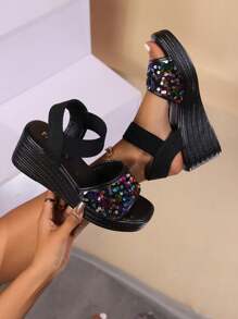 Women Black Wedge Sandals With Platform And Glitter Strap - Black - View 3