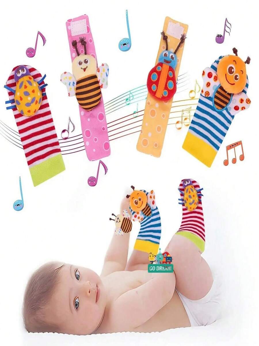 4 Sonajas Para Bebe Calcetines Juguete Estimulación Temprana Muñecos Animales - Naranja - Ver 1