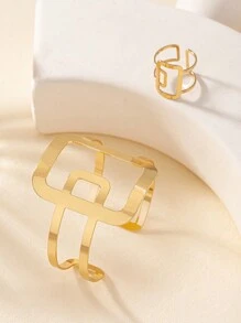 1pc Fashionable Geometric Bangle & 1pc Fashionable Geometric Ring - Yellow Gold - View 5