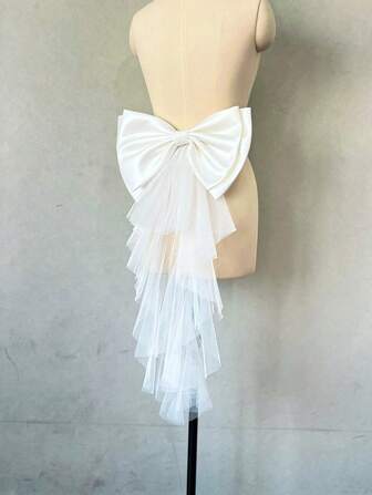 1pc White Satin Bow Decorated Waist Belt With Asymmetric Mesh Ribbon Drape