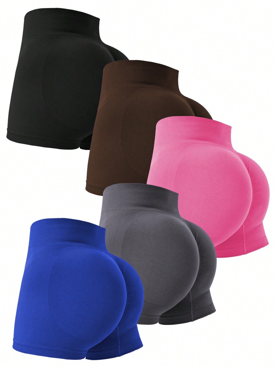 5pcs Women's Seamless Yoga Shorts, High Waist, High Elasticity