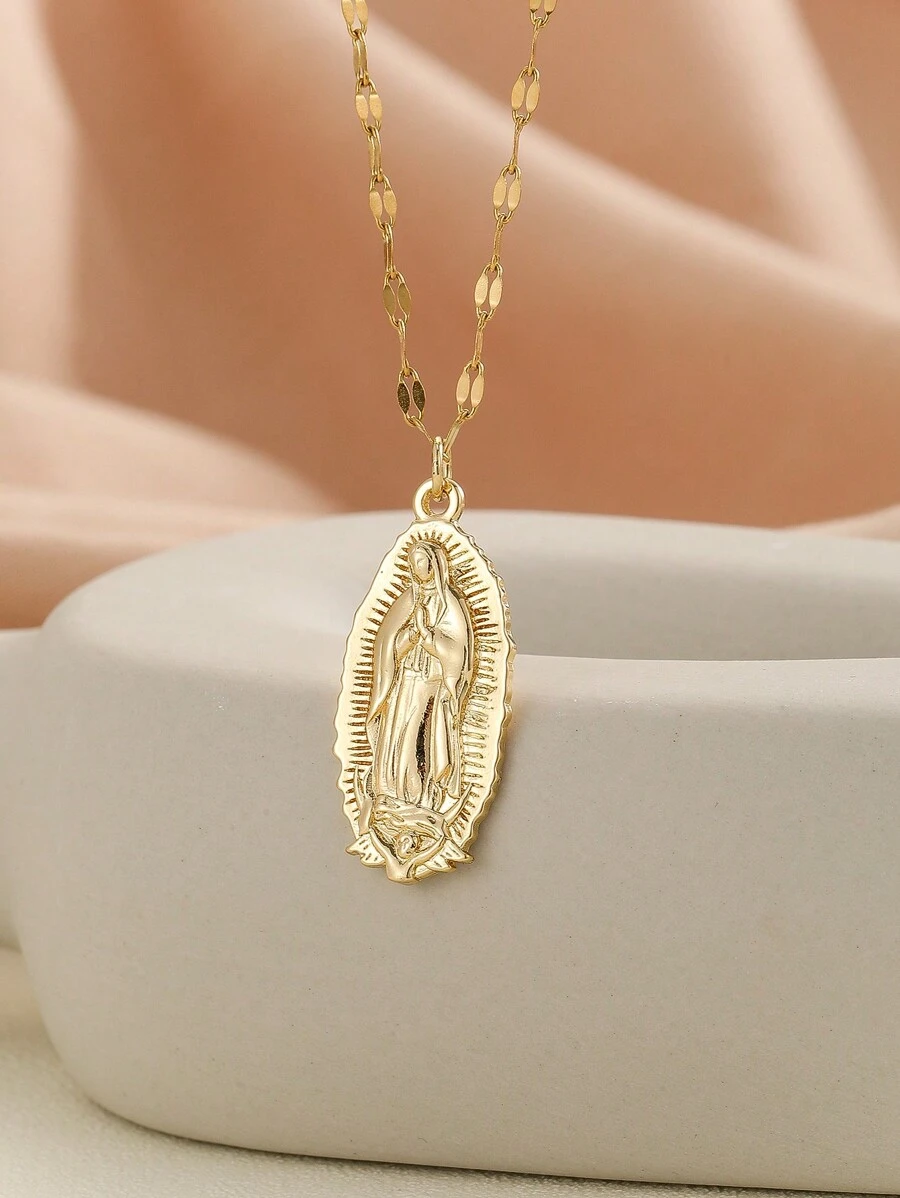 1 Stück glänzender ovaler Jungfrau Maria Anhänger, kupferfarben vergoldet, geeignet für den täglichen Gebrauch, als Geschenk und für persönliches Gebet, hervorragend für Valentinstag, Muttertag - Gold - Übersicht 1