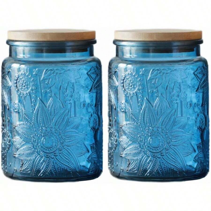23.7 FL OZ Blue Glass Jars, 2 Pack Vintage Glass Kitchen Storage Counter Jar, Candy Jars With Lids, Blue Mason Jars Hold Coffee Beans, Tea, Cookie, Sugar, Bath Salts & More - 藍色 - 查看 1