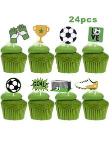 24入組足球杯子蛋糕插牌，足球運動員杯子蛋糕鑲嵌，足球快樂生日蛋糕插牌，適用於運動主題嬰兒派對，生日派對蛋糕裝飾用品 - 綠色 - 查看 1