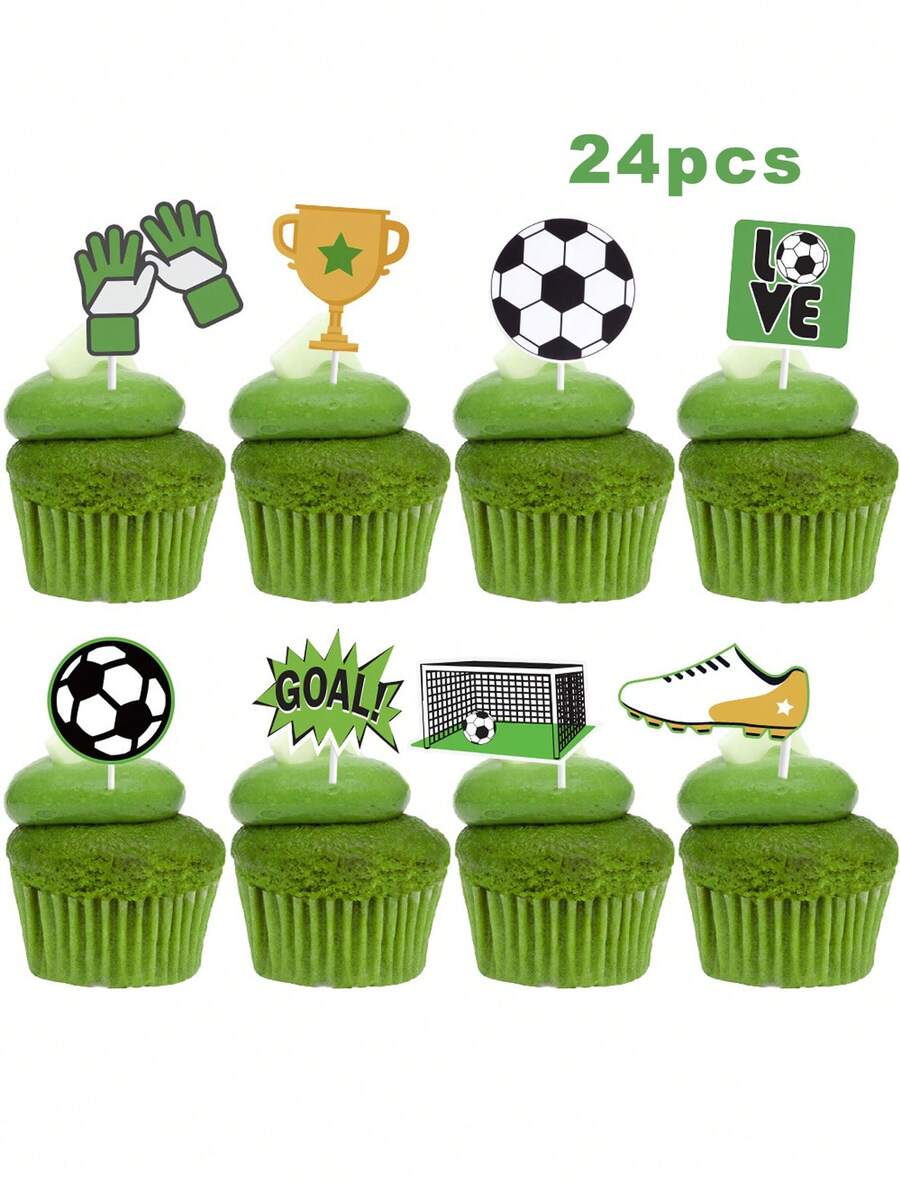 24入組足球杯子蛋糕插牌，足球運動員杯子蛋糕鑲嵌，足球快樂生日蛋糕插牌，適用於運動主題嬰兒派對，生日派對蛋糕裝飾用品 - 綠色 - 查看 1