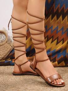 2024年夏季新款女士十字帶時尚平底涼鞋,靈感來自女神風格 - 棕色 - 查看 6