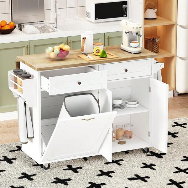 Rolling Kitchen Island With Drop Leaf - Kitchen Trash Cabinet Tilt Out 10 Gallon Storage, Storage Islands Movable Carts With Rubberwood Top, Spice Rack And Drawers For Dining Room