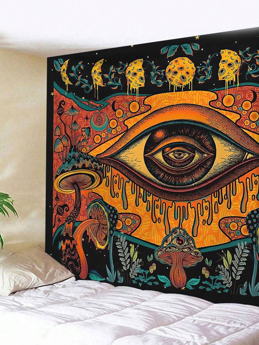 1 pieza Tapiz con estampado de ojo, luna y seta, tapiz cuadrado de fibra de poliéster moderno para decoración de habitación, sala de estar, dormitorio, bandera para habitación, decoración de pared, arte de pared, artículos de habitación, banderas para habitación, decoración del hogar, tapiz de pared - Multicolor - Ver 1