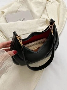 A Zippered Pu Solid Color Armpit Bag, Crescent Bag, Fashionable Retro Work Shoulder Bag, Versatile Bag, Suitable For Women's Daily Workplace Use