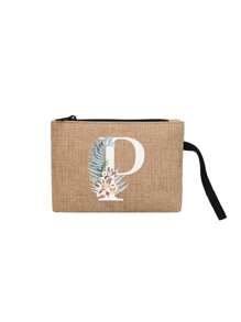 1 件首字母花卉印花亚麻拉链包带化妆包教师答谢礼物生日礼物旅行收纳包：户外美容的完美选择！它是送给母亲、老师、朋友、伴娘、情人节礼物、学生、返校老师的礼物，适合日常使用生日、假期、海滩、旅行、通勤、商务、野餐、露营、超市日常收纳（手提绳方向随机，拉链款式随机）女士沙滩包钱包迷你钱包钱包钱包腕包钱包零钱包 - 卡其色 - 查看 14