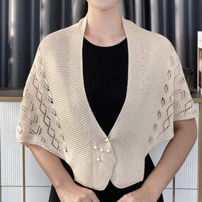 1 件女士串珠冰丝针织披肩带粘合短上衣镂空针织开衫围巾配饰女士