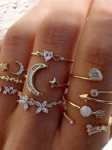Set de 9 anillos de moda nuevos para niñas, que incluyen anillos con forma de corazón, mariposa, estrella y luna con diamantes de imitación - Dorado - Ver 6