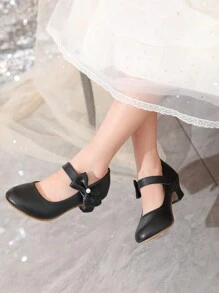 Girls' Shiny And Fashionable Gold Color Heels With Flower And Pearl Detail On Ankle Strap, Suitable For Parties And Everyday Wear