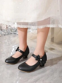 Girls' Shiny And Fashionable Gold Color Heels With Flower And Pearl Detail On Ankle Strap, Suitable For Parties And Everyday Wear