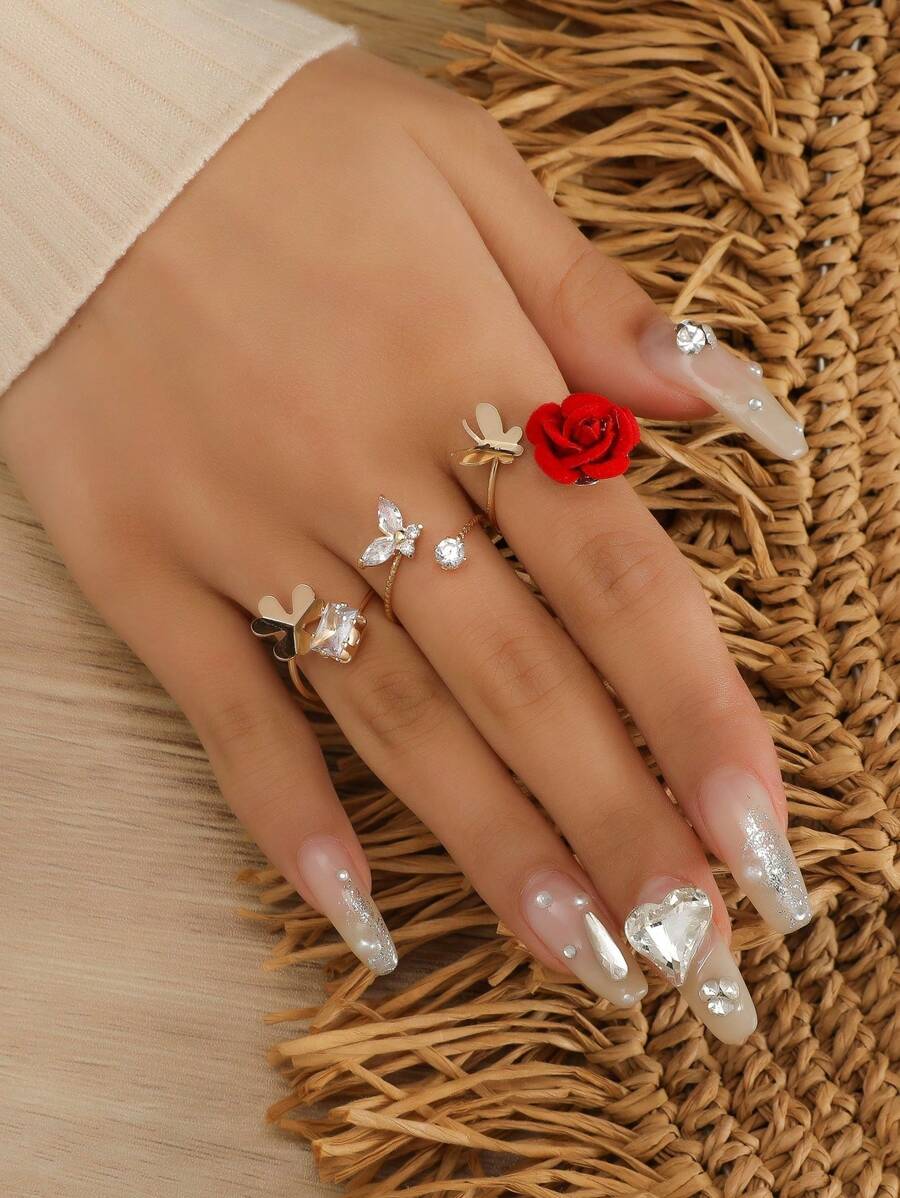 3pcs Flower & Butterfly Decor Ring Valentines,Mom,Mother,Mother's Day,Gift - Red - View 1