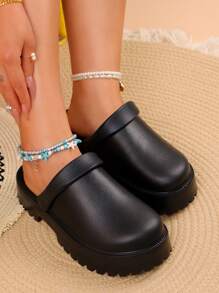 女士實色厚底拖鞋,圓頭拖鞋,夏季沙灘鞋