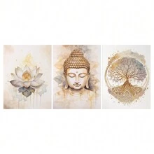 3pcs 15.7*23.6in/40cm*60cm Frameless Buddha Statues And Lotus Flowers Wall Art Canvas Painting Art For Living Room Painting Decor No Frame, Poster Gifts Birthday Graduation