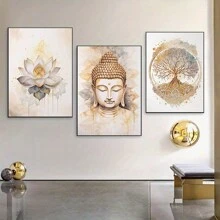 3pcs 15.7*23.6in/40cm*60cm Frameless Buddha Statues And Lotus Flowers Wall Art Canvas Painting Art For Living Room Painting Decor No Frame, Poster Gifts Birthday Graduation