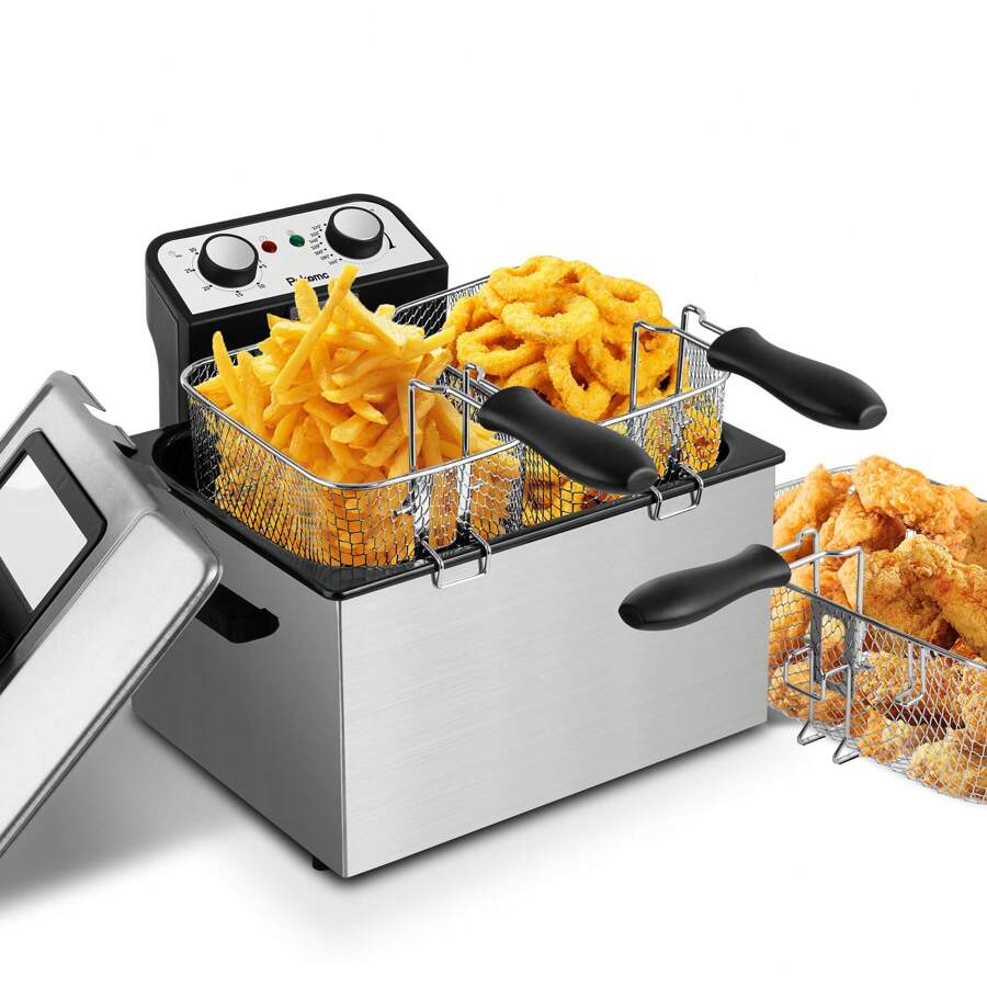 Electric Deep Fryer With 3-Baskets For Home,5L/5.3Qt Deep Fryer With Timer And Temperature,1800W French Fries Maker,Easy To Disassemble And Clean,Stainless Steel And Black - 銀色 - 查看 1
