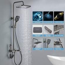 FXLTSBL Shower System With Thermostat, 4 Function Brass Shower Column Shower Set, LED Digital Display Mixer Tap Shower Column Set, Hand Shower With 3 Jet Strengths, Waterfall Bathtub Faucet - Dark Grey - View 2