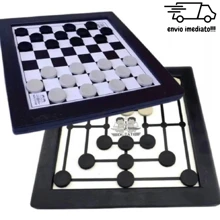 Jogo de Dama 2 Em 1, Dama E Trilha Jogo de Tabuleiro 20x20cm - Preto e Branco - Visão 1