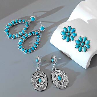 DiHeni 1 Par De Pendientes Bohemios Elegantes De Diseño Vintage Con Decoración Turquesa Y Estilo Clásico Para Uso Diario, Fecha Y Regalo De Cumpleaños