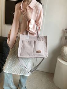 Túi Tote Đeo Vai Có Thể Gấp Gọn Bằng Vải Nhung Kẻ Sọc Có Sức Chứa Lớn, Túi Sách Chuẩn Bị Cho Tuần Lễ Sách - Xám - Xem 5