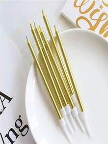 金色铅笔形蛋糕蜡烛，带长棒，创意金属镀层细蜡烛 - 鍍金鉛筆蠟燭 - 查看 3