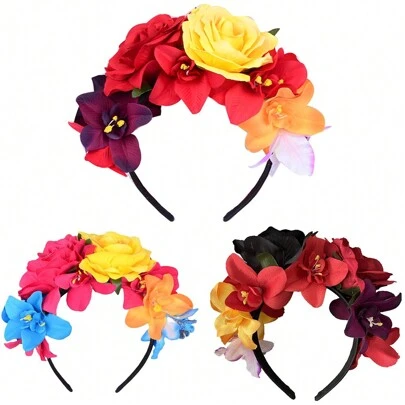 1pc Mexican Style Big Flower Headband Holiday Photo Prop Rose Hair Hoop Garland Headpiece Cute Hair Accessories For Women Women Valentine's Day Valentines,Hairband,Hair Hoop Headbands Head Accessories