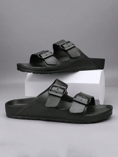 Men's Plus Size 48 Anti-Slip Slippers, Suitable For Indoor, Outdoor, Bathroom, Beach. Solid Color With Square Buckle, Open Toe Sandals