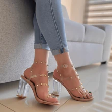 Zapatillas Mujer Transparentes Tacón Cristal Tiras con Estoperoles - Beis - Ver 2
