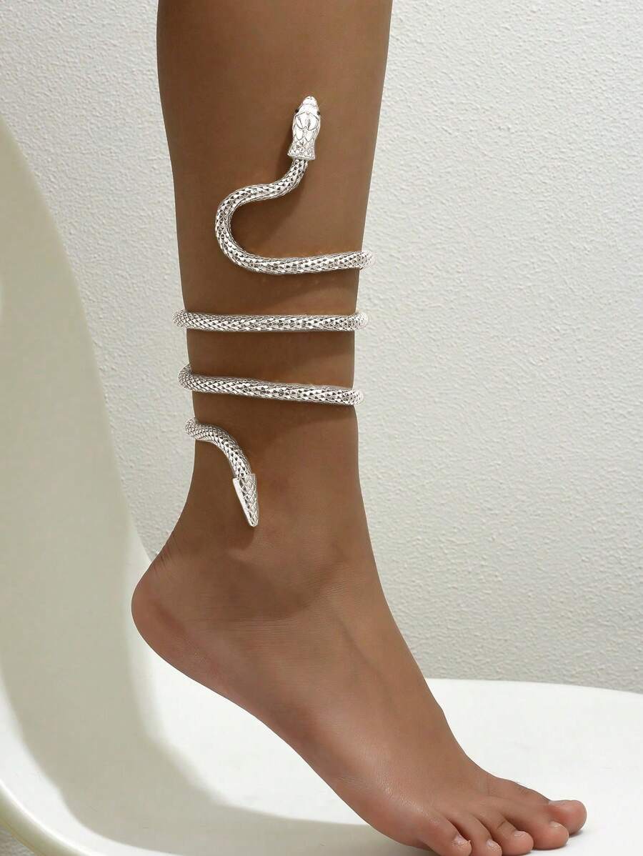 1pc Metallic Winding Snake Chain Anklet - Silver - View 1