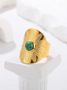 1 Pc Vintage Turquoise Rings For Women Gold Color Stainless Steel Adjustable Open Rings Bohemian Summer Jewelry Gift