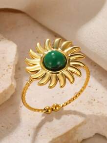 1 Pc Vintage Turquoise Rings For Women Gold Color Stainless Steel Adjustable Open Rings Bohemian Summer Jewelry Gift