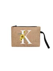 1 件首字母花卉印花亚麻拉链包带化妆包教师答谢礼物生日礼物旅行收纳包：户外美容的完美选择！它是送给母亲、老师、朋友、伴娘、情人节礼物、学生、返校老师的礼物，适合日常使用生日、假期、海滩、旅行、通勤、商务、野餐、露营、超市日常收纳（手提绳方向随机，拉链款式随机）女士沙滩包钱包迷你钱包钱包钱包腕包钱包零钱包 - 卡其色 - 查看 25