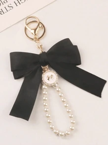 1入組大蝴蝶結珍珠鑰匙扣吊飾，創意彩色織帶結女士配件，耳機盒配件，是女友最好的禮物，也是給母親、教師節、生日、畢業、派對等送禮的可愛小物蝴蝶結鑰匙扣。 - 黑色 - 查看 3