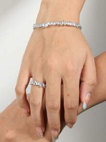 rakol 2pcs/Set Modern Asymmetrical Design Ring & Bangle Set Decorated With Cubic Zirconia - Silver - View 2