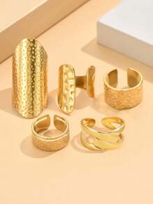 5pcs/Set Vintage Baroque Style Asymmetrical Texture Open Stainless Steel Rings For Women, Perfect For Parties And Gift Giving - Set Ring - View 6