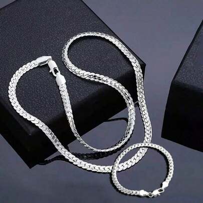 Luxury Noble Silver Necklace Hip Pop Fashion Style Chain Set 20inches Necklace With 8 Inches Bracelet Fashion Engagement Jewelry Christmas Gift For Men