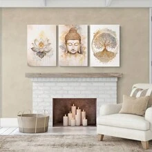 3pcs 15.7*23.6in/40cm*60cm Frameless Buddha Statues And Lotus Flowers Wall Art Canvas Painting Art For Living Room Painting Decor No Frame, Poster Gifts Birthday Graduation
