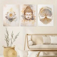3pcs 15.7*23.6in/40cm*60cm Frameless Buddha Statues And Lotus Flowers Wall Art Canvas Painting Art For Living Room Painting Decor No Frame, Poster Gifts Birthday Graduation