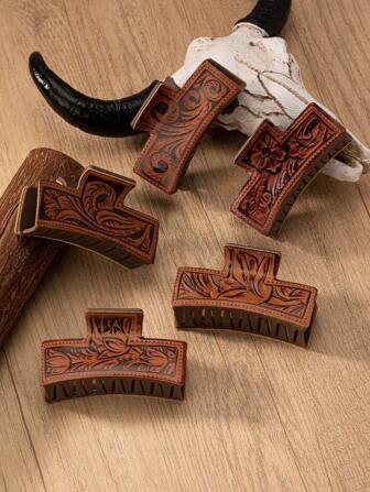 1 Pc PU Leather Sunflower Paisley Pattern Hair Claw Hair Clip Barrette Cowgirl Style Hair Accessories Hair Clips Hair Jaw Clip Hair Clamps Hair Clutch Hair Catcher Clip, Claw Clip Fall Winter For Vacation Outfits Woman