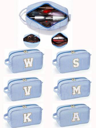 1 Piece Blue Striped Cute Makeup Bag Cosmetic Toiletry Pouch Bag Best Birthday Gifts For Mom Best Friend Bridesmaid Sister Girlfriend Teacher Monogram Initial Make Up Case Preppy Travel Large Capacity Chenille Letter A S W V K Cute Cosmetic Storage Organizer Pouch For Purse Women Beach Swim